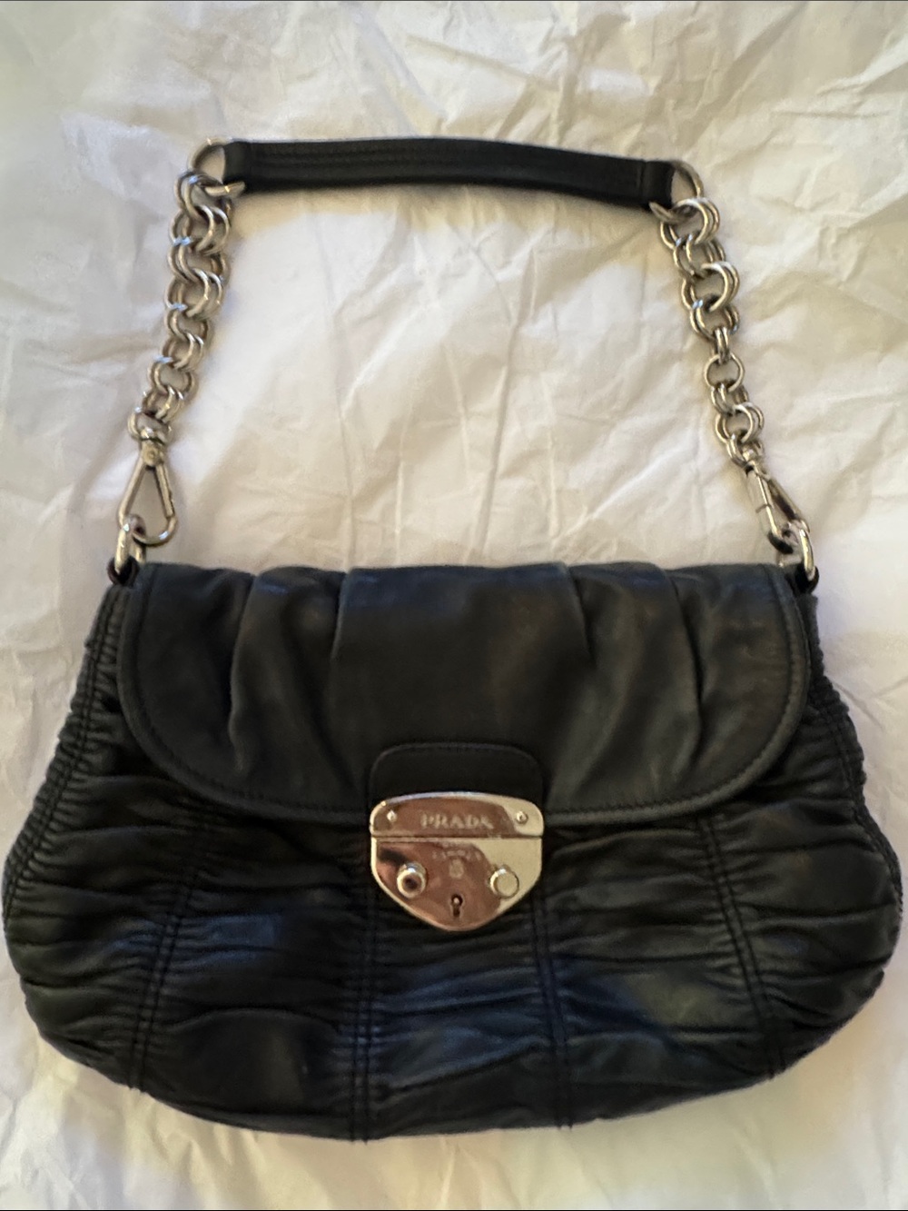 Prada Black Leather Shoulder Bag with Silver Chain